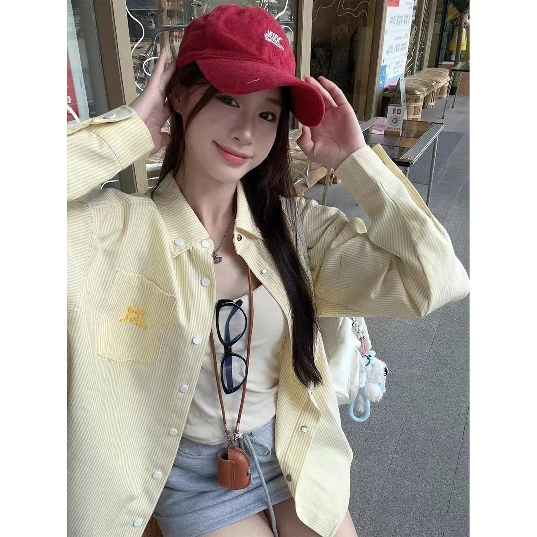 美式复古黄色条纹衬衫女款外穿春秋宽松休闲开衫慵懒chic上衣外套
