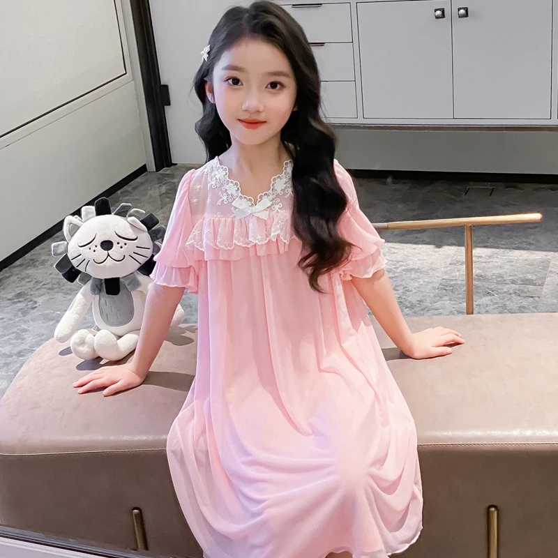 女童睡裙夏季莫代尔短袖薄款儿童公主风仙女宫廷女孩中大童睡衣