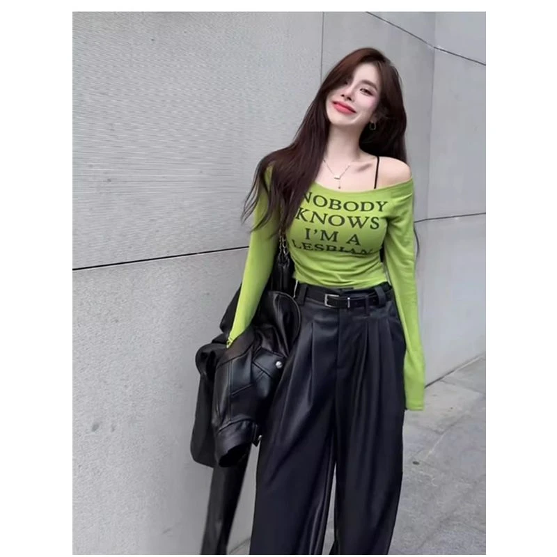 一字肩字母印花休闲长袖修身短款T恤2025秋季新款辣妹纯欲上衣女