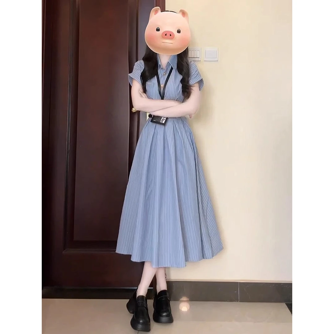 【蓝色绮梦】大码夏季新款百搭文艺蓝色条纹法式连衣裙教资面试裙子