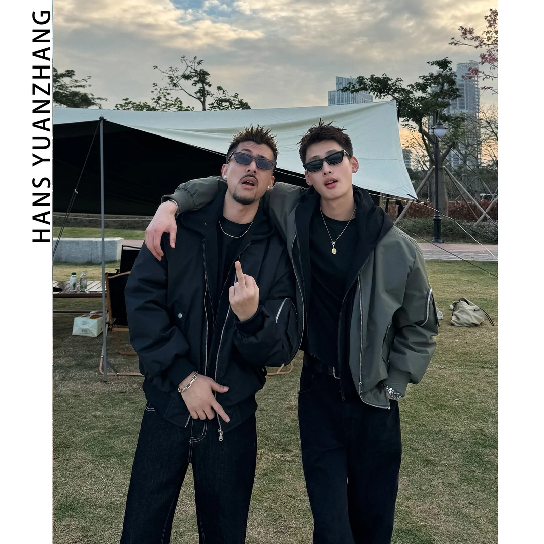 Hans院长 90绒新国标三防美式飞行夹克羽绒服假两件连帽外套保暖