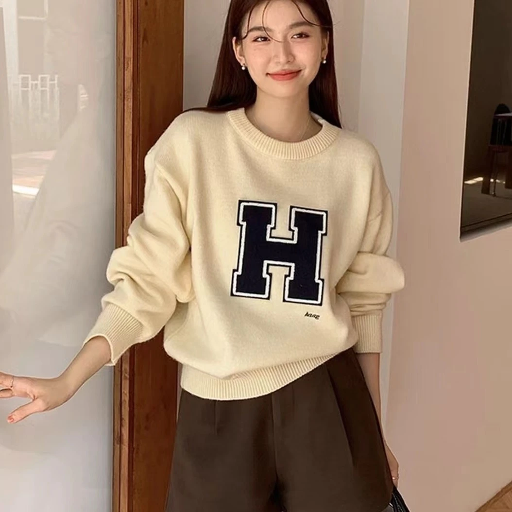 H字母韩系圆领长袖针织衫毛衣女