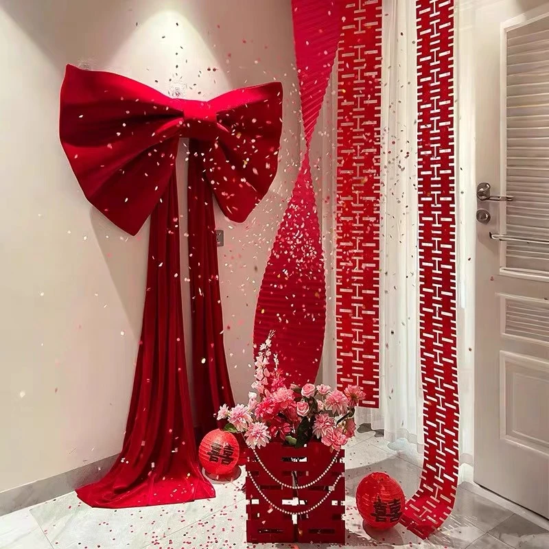 婚房布置超大红色蝴蝶结纱幔浪漫珍珠背景墙装饰结婚新人网红拍照