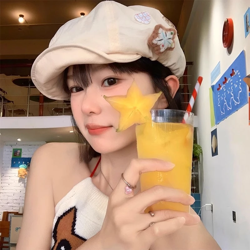 繁星！可爱复古星星毛毡纽扣棉麻八角帽女春夏画家帽显脸小云朵帽