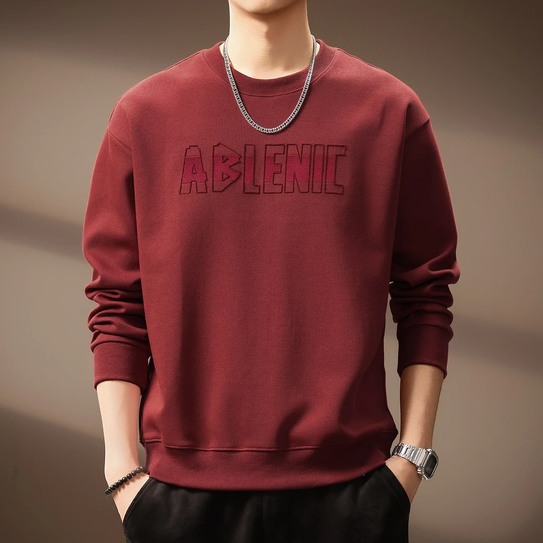 高端复古酒红色英文刺绣重磅卫衣男秋季新款潮流时尚休闲宽松上衣