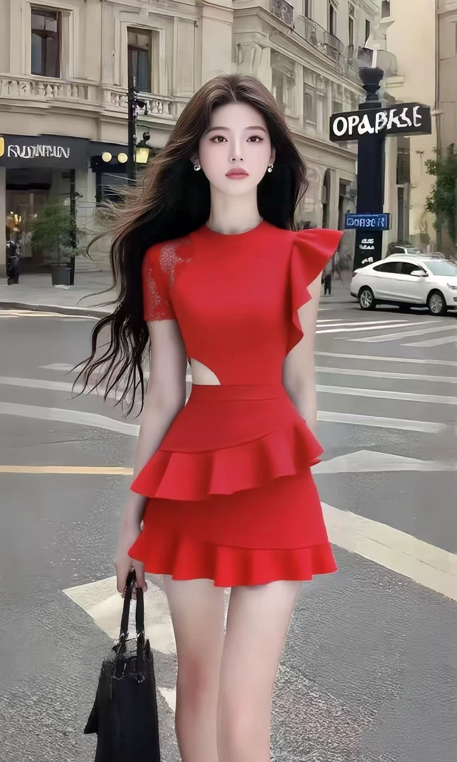 新款时尚轻奢温柔知性风红色圆领修身收腰设计感连衣裙女小众显瘦