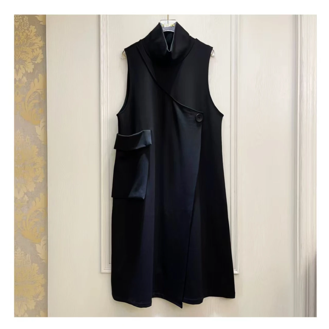 AO ZHEN欧货春秋宽松中长款口袋背心裙高领黑色马甲连衣裙