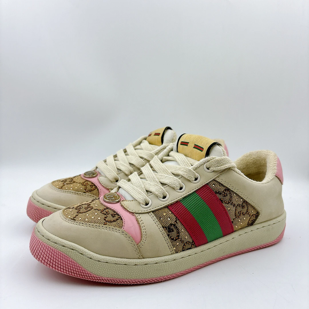 95新 GUCCI/古驰 36.5码/粉色经典带钻老花脏脏粉色鞋/BM00757