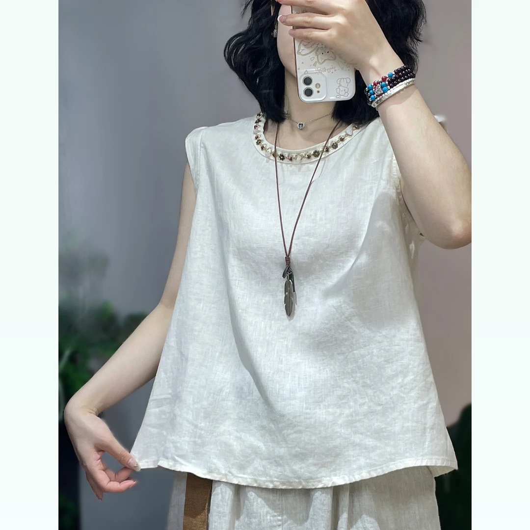 【瑜妹妹】手工钉珠松雨露麻小飞袖坎肩-夏季出游必备气质减龄上衣