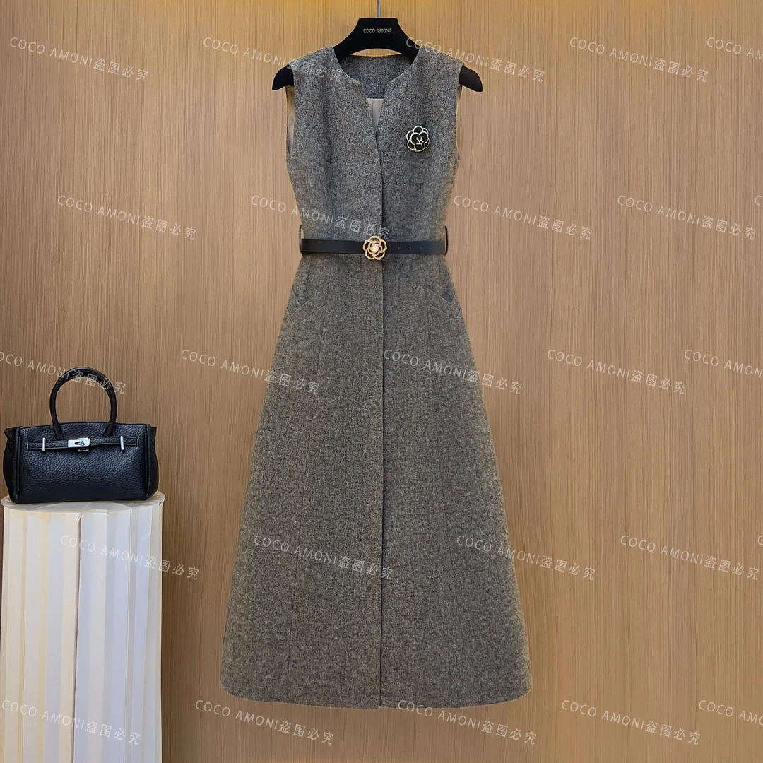 [曼姐]秋冬法式设计师爆款女装拼接收腰显瘦气质连衣裙WXH1025