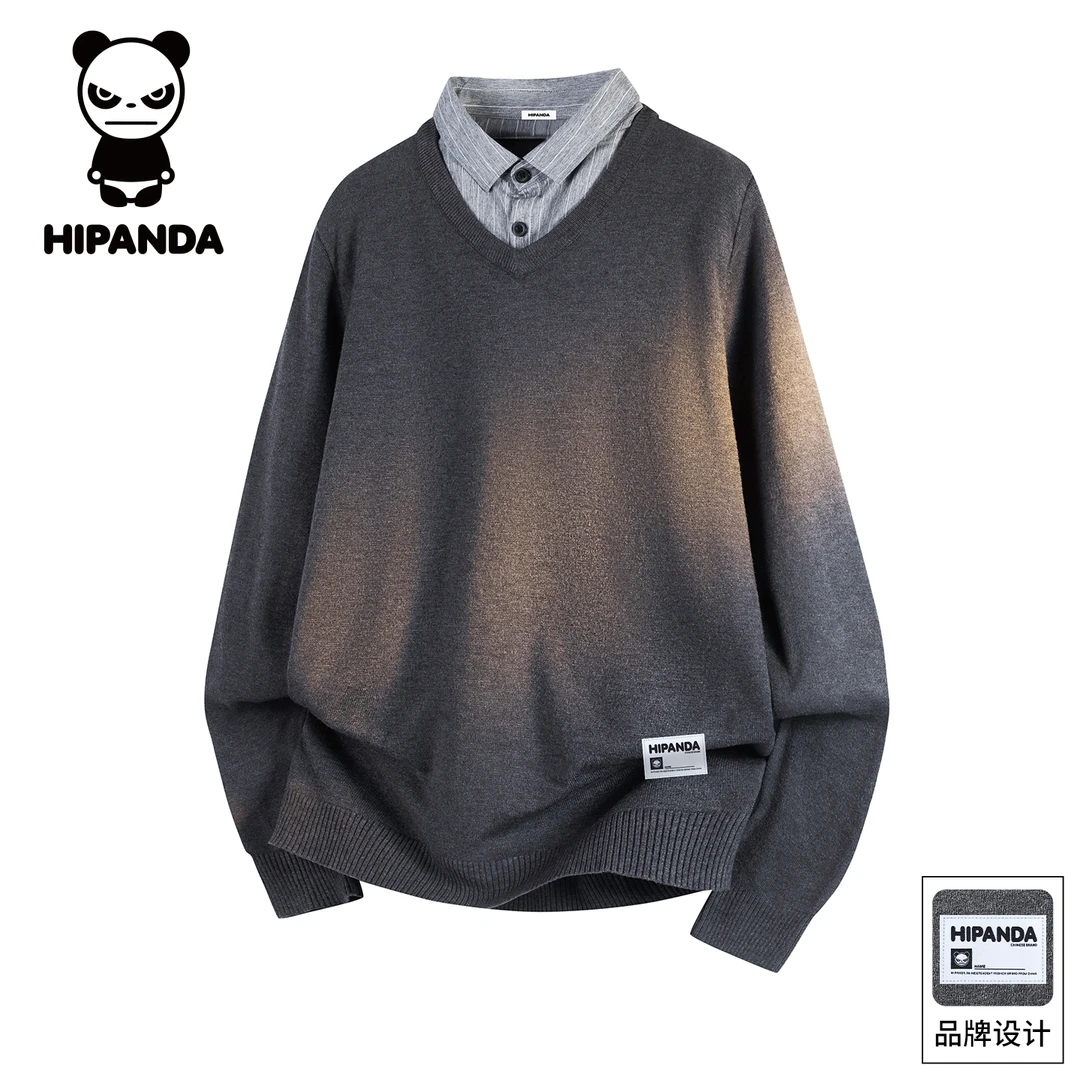Hi Panda你好熊猫秋冬季加绒假两件针织衫男内搭保暖加绒V领毛衣