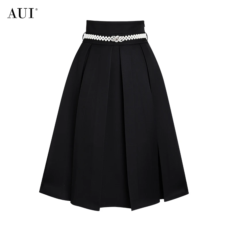 《李易行》AUI黑色高腰半裙御姐气质修身大摆裙-24W146650