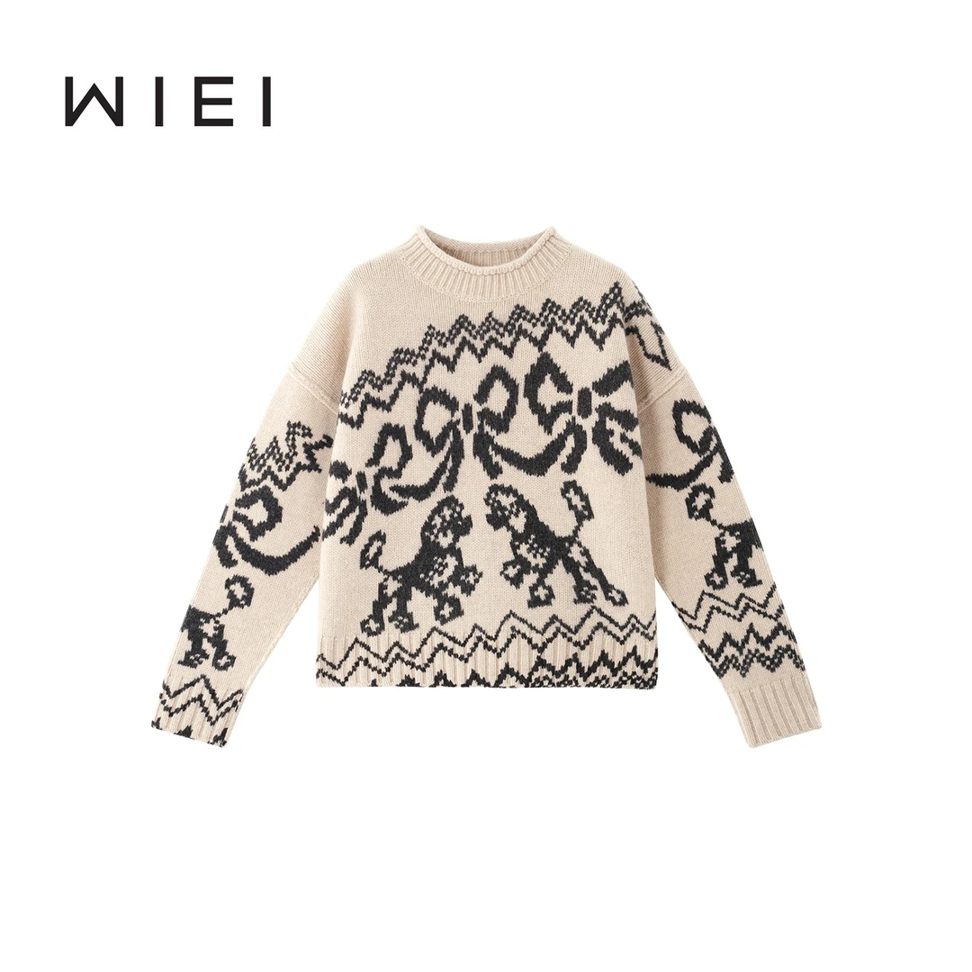 《WI EI》蝴蝶结*羊毛费尔岛蝴蝶结小狗提花落肩针织毛衣W25209179