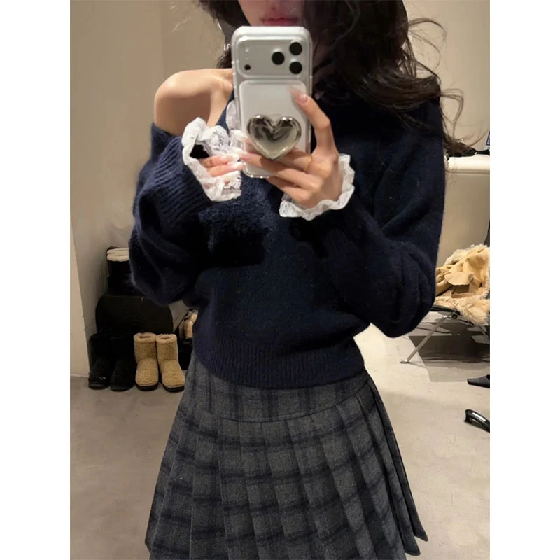 韩系斜肩长袖针织衫女秋冬季高级感绝美纯欲风气质露肩上衣百褶裙