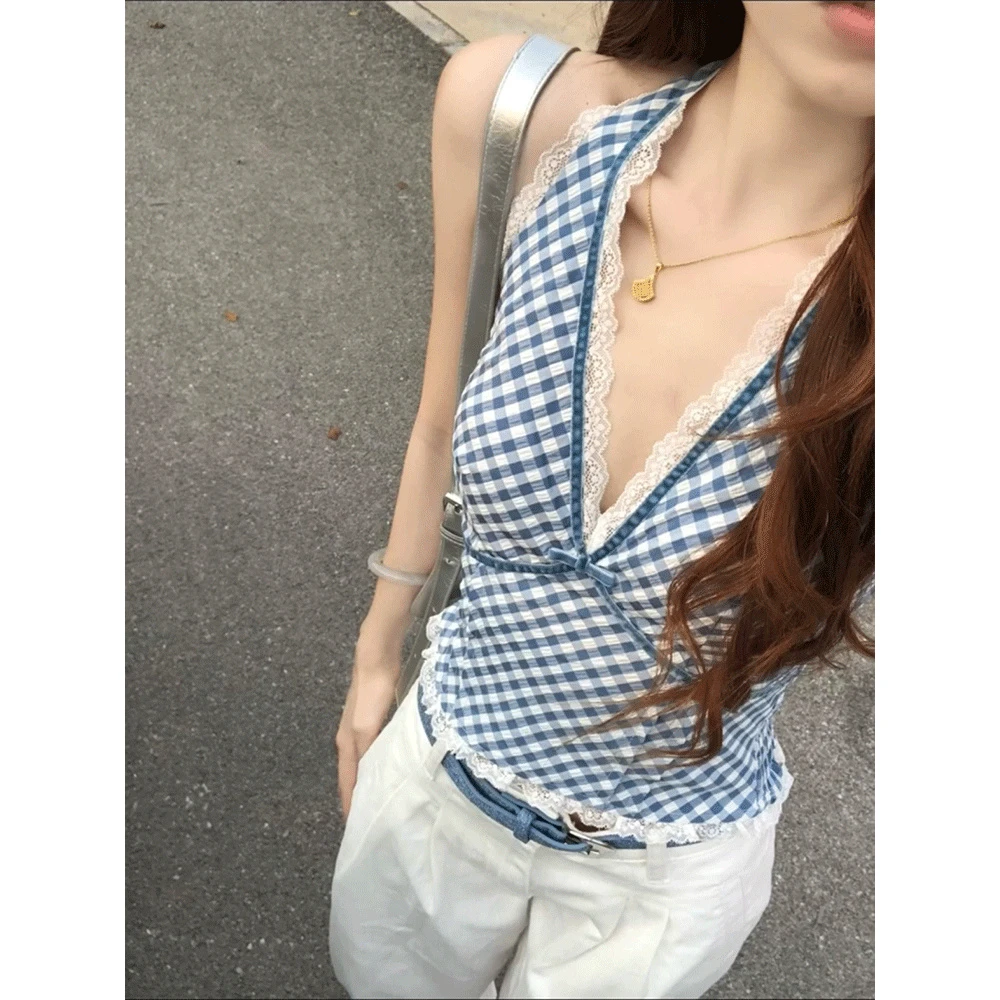 韩系高级感蕾丝拼接蓝色格子深v吊带背心女夏季性感短款挂脖上衣