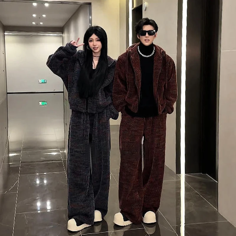 冬季新品设计感休闲套装情侣款潮流宽松重磅连帽外套直筒裤两件套