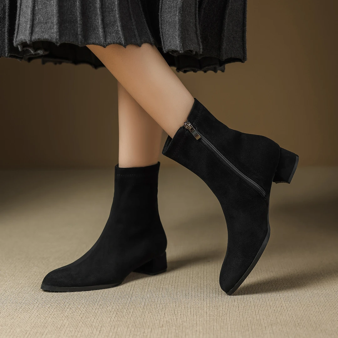 2025秋冬新款羊皮磨砂短靴女靴单靴百搭瘦瘦靴粗跟马丁靴中跟靴子