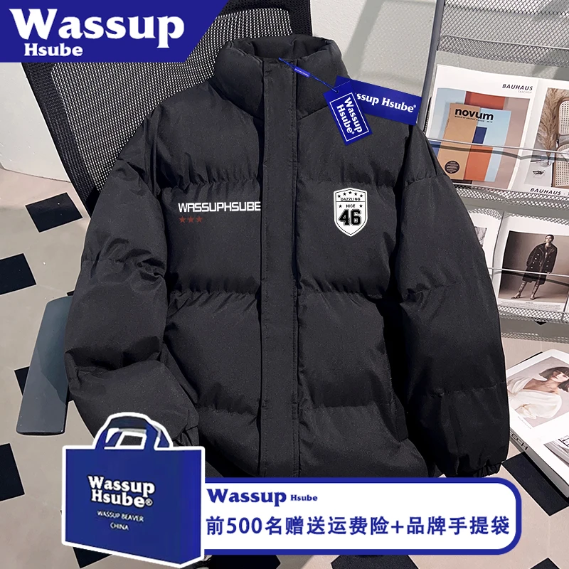 WASSUP HSUBE秋冬加厚潮牌盾标英文印花外套黑拉链男女款防风棉服