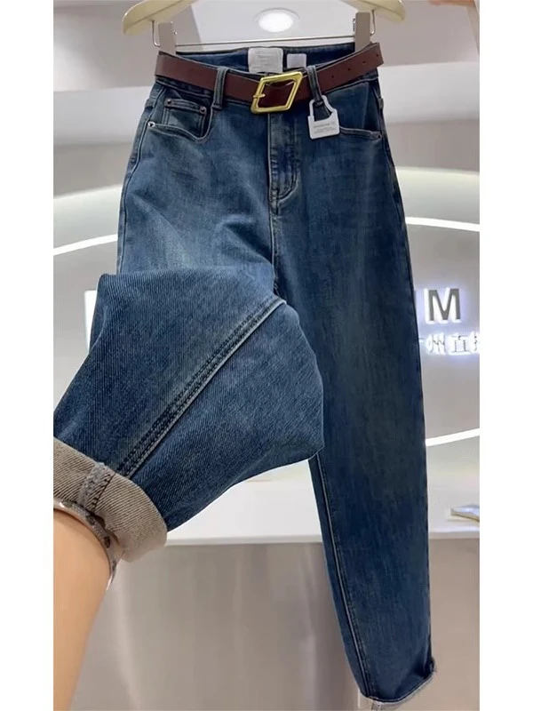 高腰哈伦牛仔裤女2025秋冬新款梨形身材宽松显瘦弹力老爹萝卜裤子