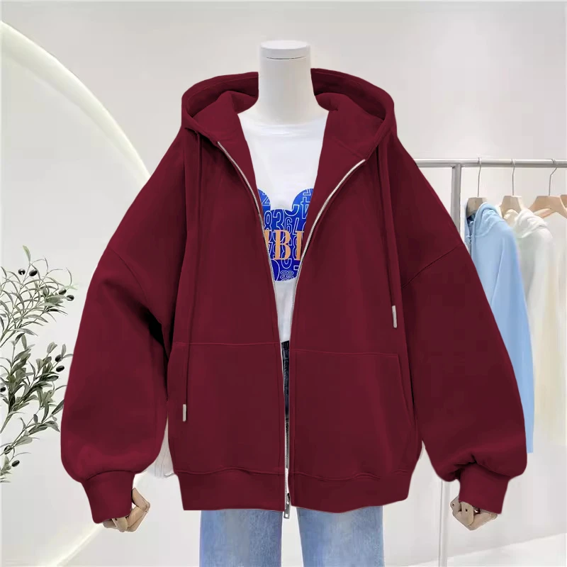 山东即墨酒红色卫衣连帽宽松加绒开衫外套女秋冬季大码拉链上衣潮