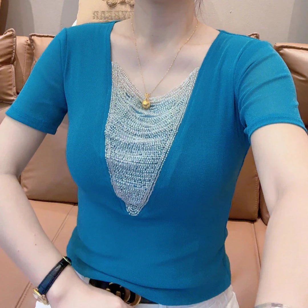 小敏家，夏季新款简约串珠修身显瘦短袖T恤女百搭时尚