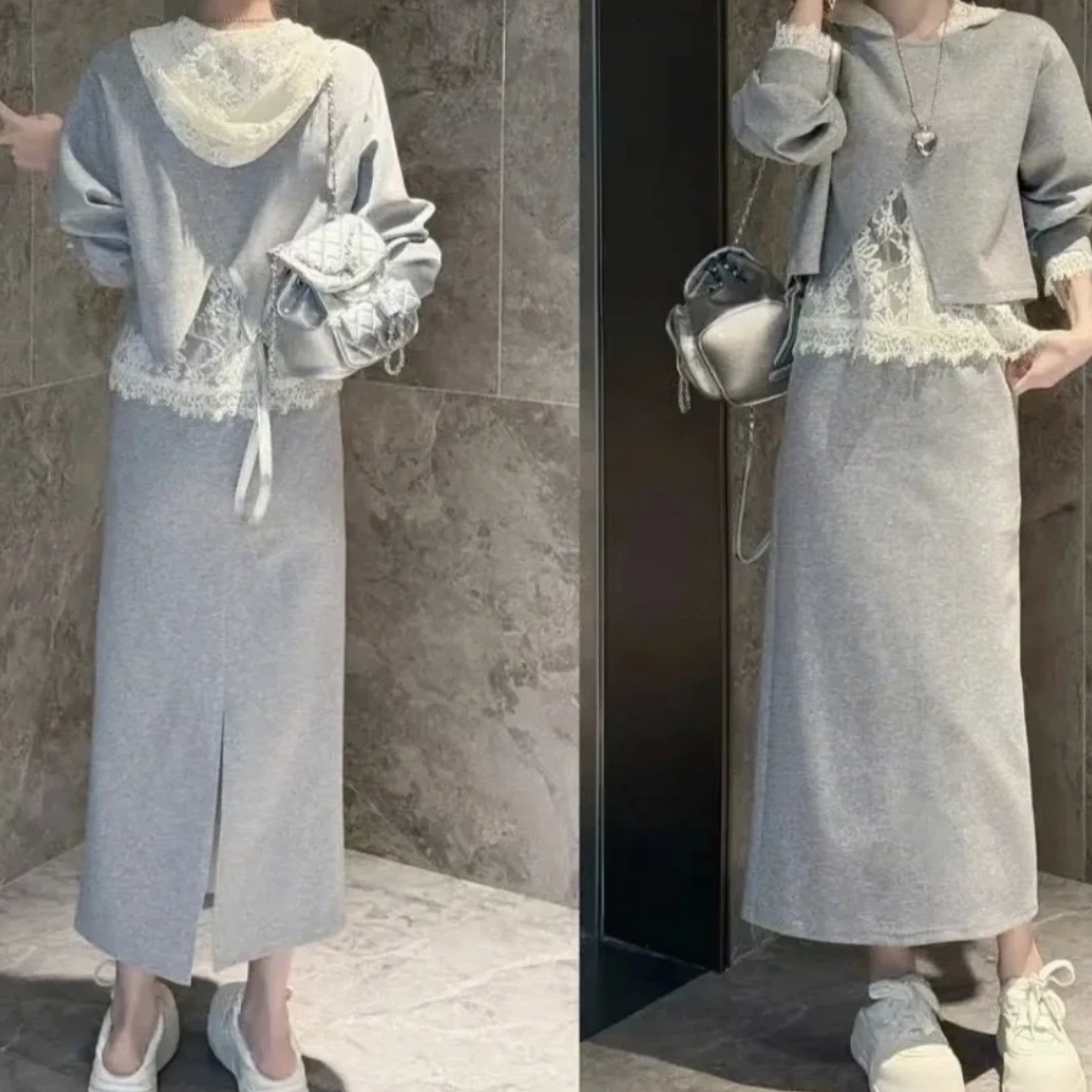 1189-1秋季女时尚慵懒套装蕾丝连帽背心开叉罩衫卫衣半身裙三件套