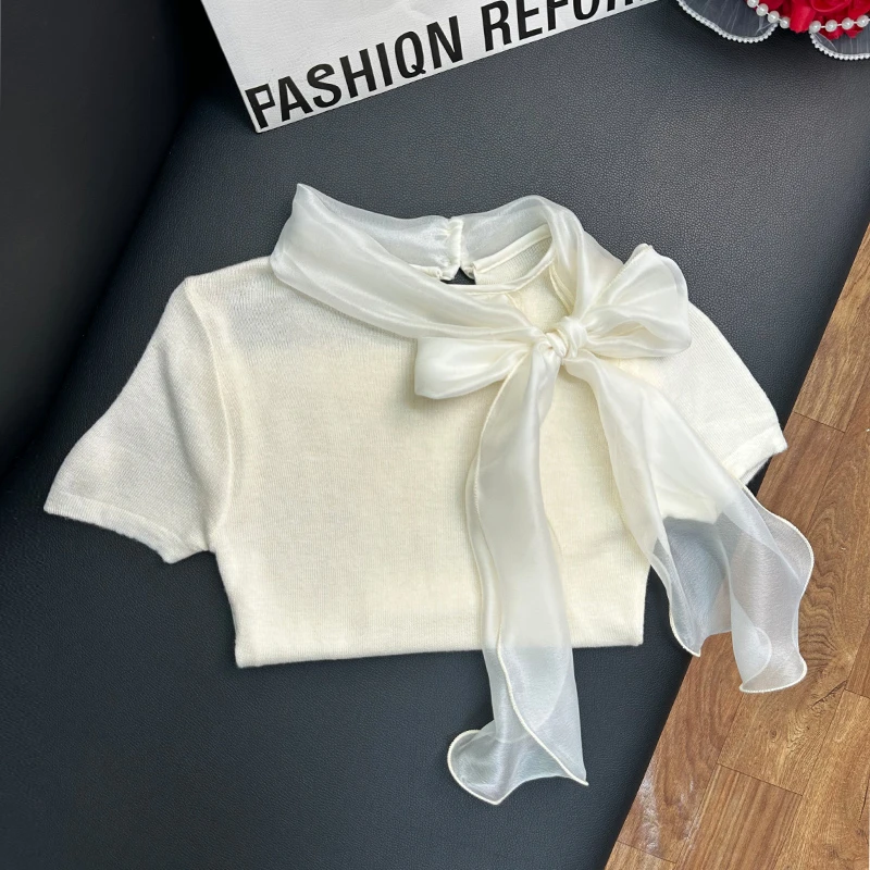 蝴蝶结杏色短款修身针织衫女t恤内搭打底衫掐腰设计感小众上衣