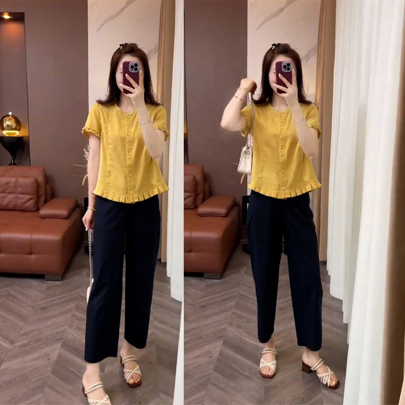 2025夏装搭配一整套时尚轻熟风气质花边短袖衬衫休闲九分裤两件套