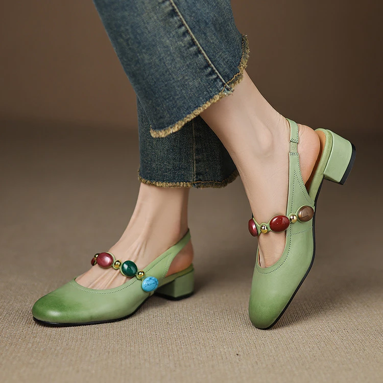 牛皮3.5cm包头凉鞋女真皮粗跟中跟夏季新款复古擦色气质时尚女鞋