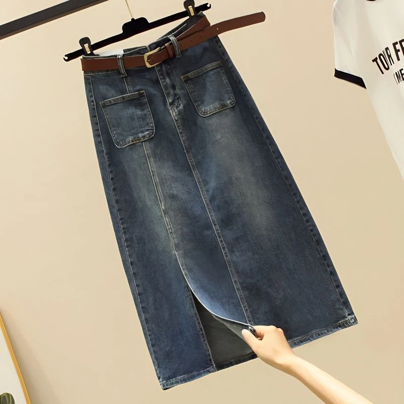牛仔裙半身裙女中长款裙子2024新款早秋开叉高腰字裙小个子复古