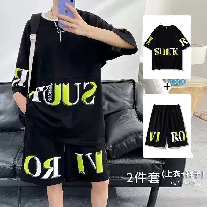 男士宽松潮短袖中袖夏季青少年休闲运动套装短裤中腰不起球常规款