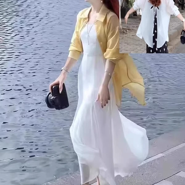 拉夏贝尔时尚连衣裙女2025年夏季新款显瘦薄款衬衫吊带裙两件套装