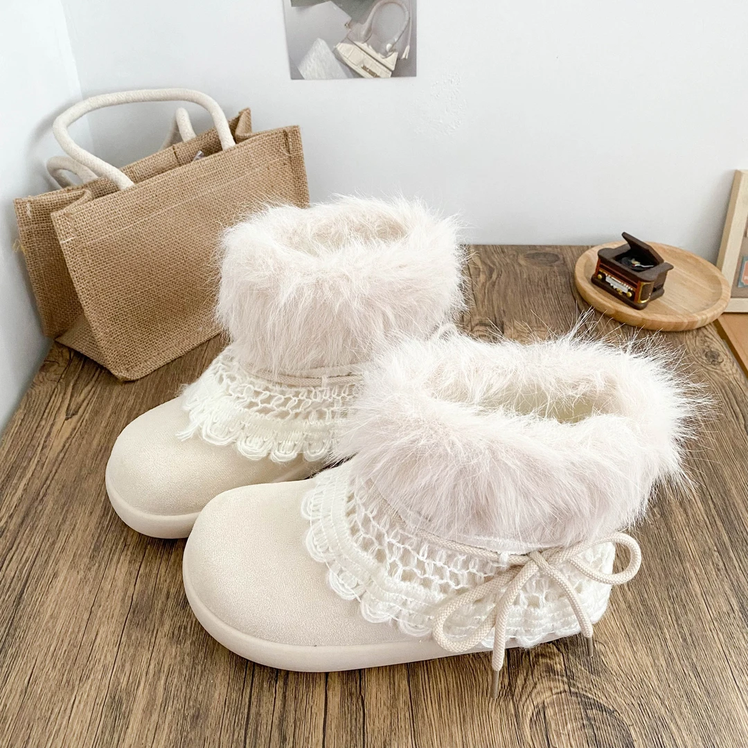 米色厚底女士加绒毛毛鞋2025冬新款加厚保暖可爱棉靴百搭舒适女鞋