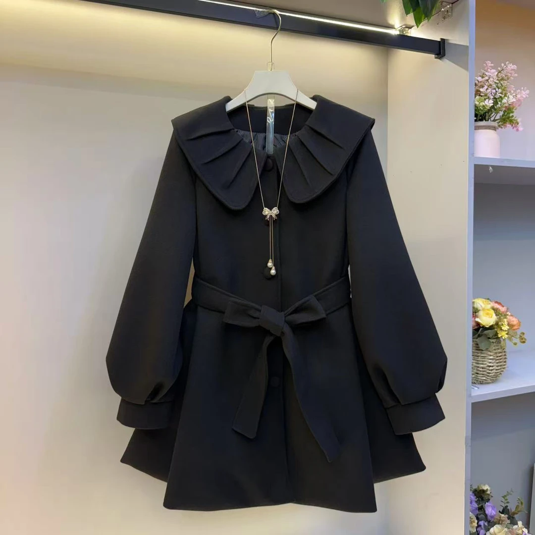 复古娃娃领收腰休闲灯笼袖百搭气质加厚保暖毛呢外套