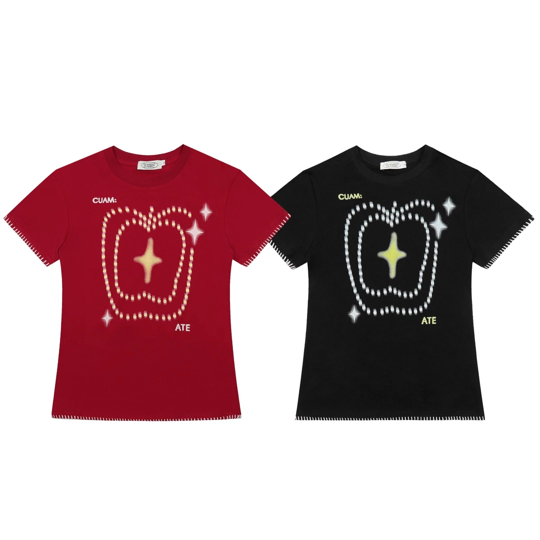 EZEK创意苹果印花短款短袖T恤女设计感夏季修身显瘦正肩上衣潮