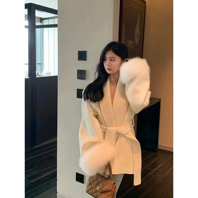 2025新款双面呢大衣气质狐狸毛高品质版 8801