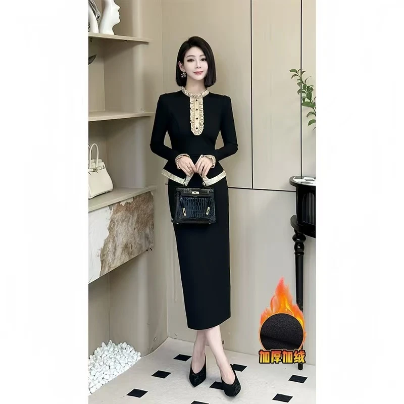 名媛气质高级感长袖拼接收腰遮肚上衣半身裙两件套春秋新款套装女