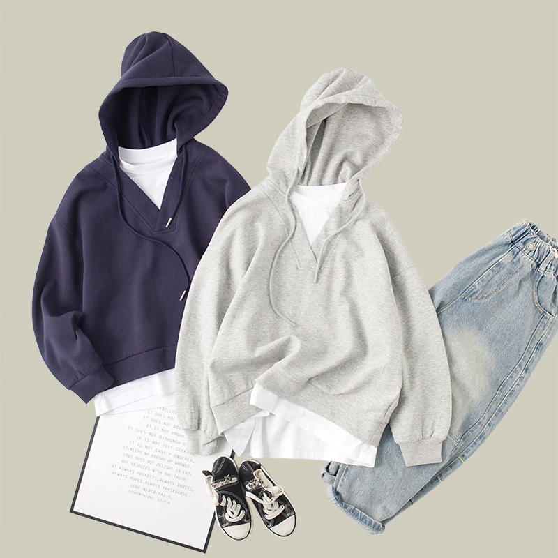 吴小越w992男童春装连帽套头假两件卫衣长袖中大童儿童打底衫