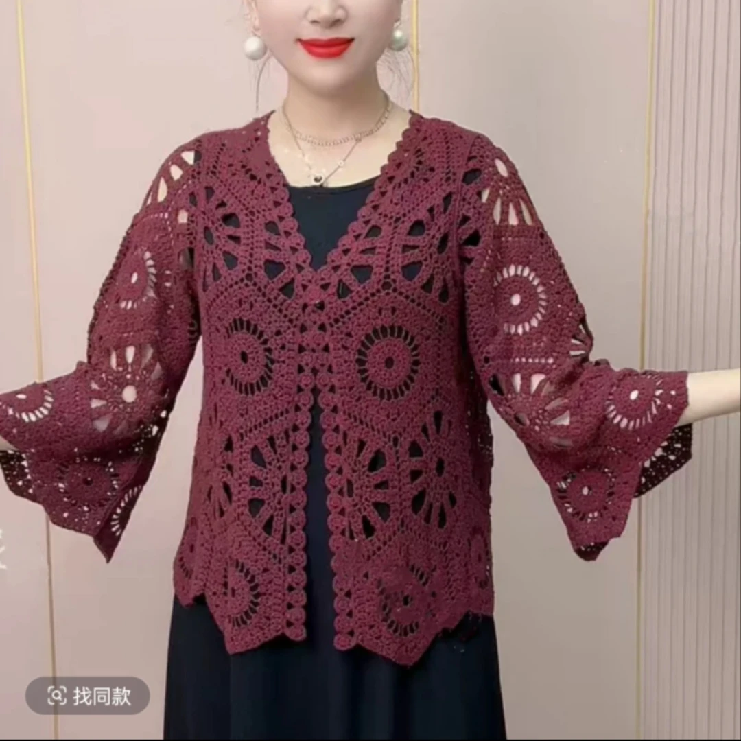 时尚妈妈夏季新款高档设计拼接镂空蕾丝披肩气质减龄百搭空调衫女