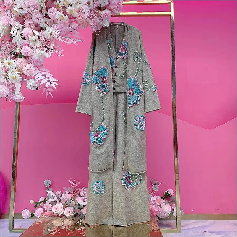 HH7259欧美设计师2025春夏新款重工钉钻刺绣亮片花朵毛衣三件套女