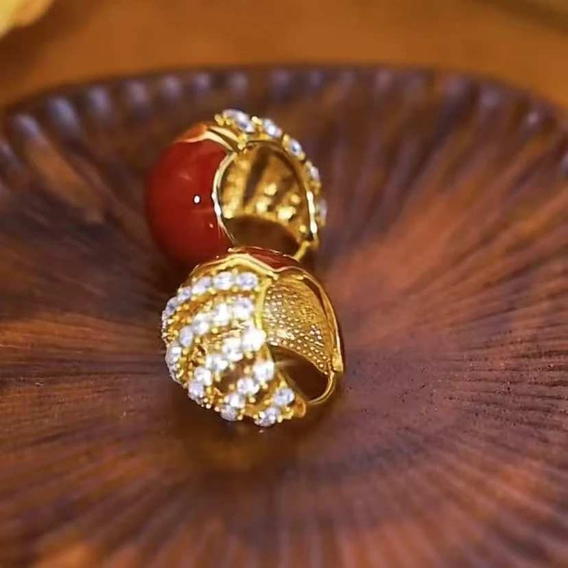 铜合金耳饰 红色双面水滴形耳扣简约时尚锆石耳饰女气质百搭N2198