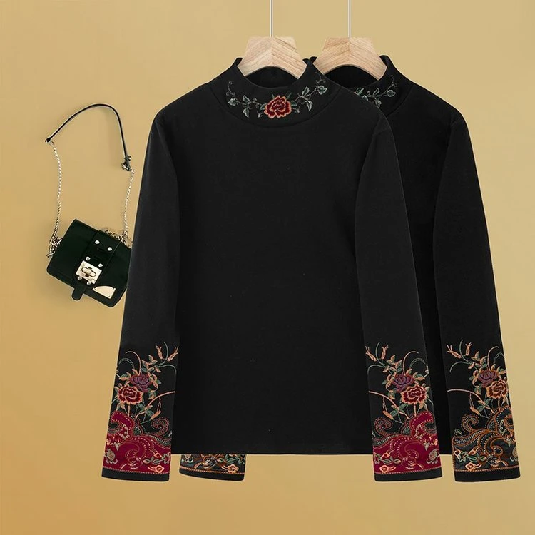 刺绣长袖半高领立领修身型T恤
