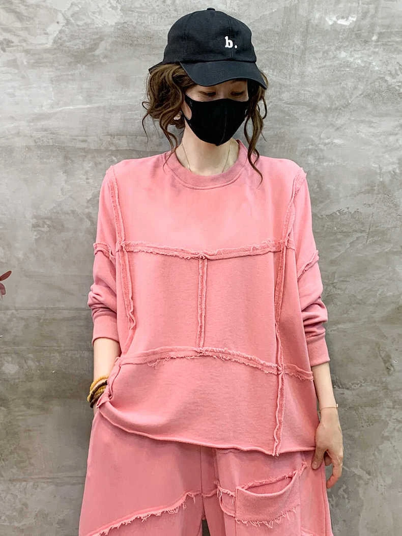 24111新款春季水洗炒色九宫格纯棉毛圈宽松休闲圆领个性百搭卫衣