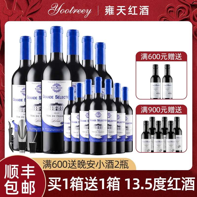 雍天法国原瓶进口干红葡萄酒红酒六支整箱礼盒装送长辈端午礼物