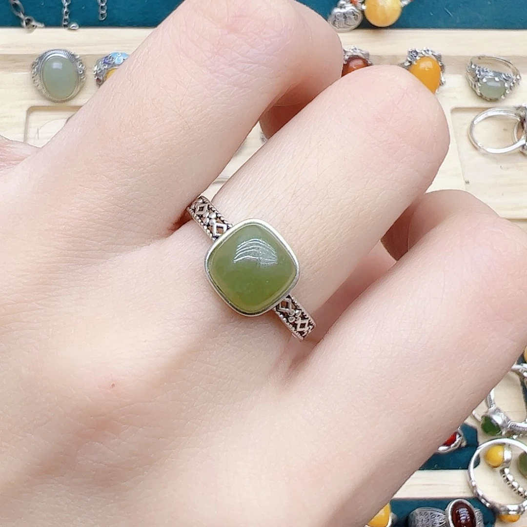 和田玉戒指银S925镶嵌