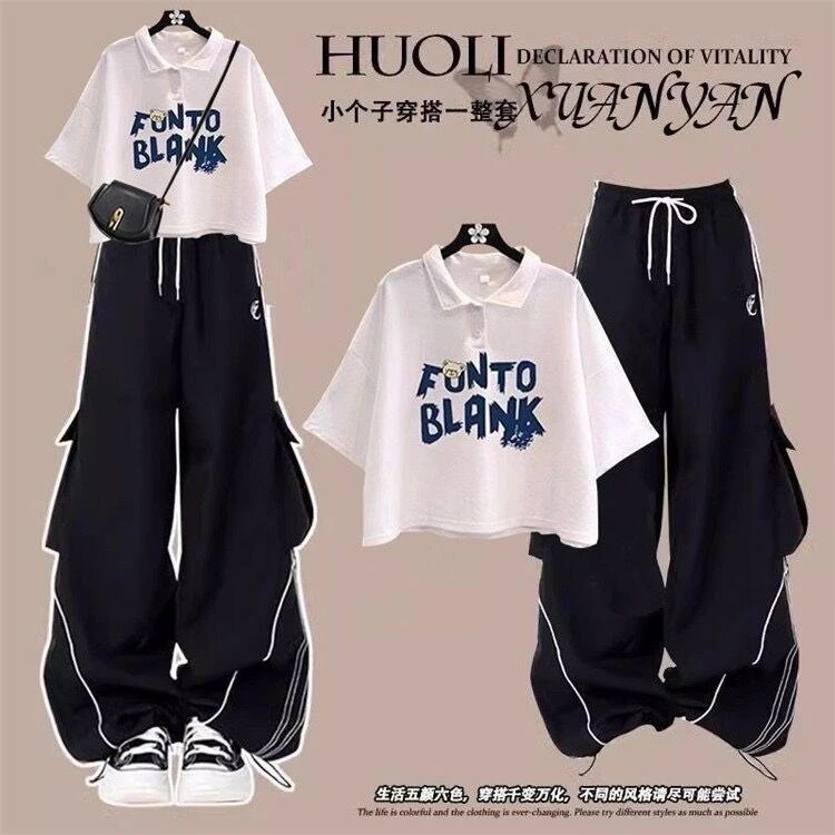 FAVMARTHA学院风时尚一整套少女夏装polo领上衣服中大童阔腿裤两