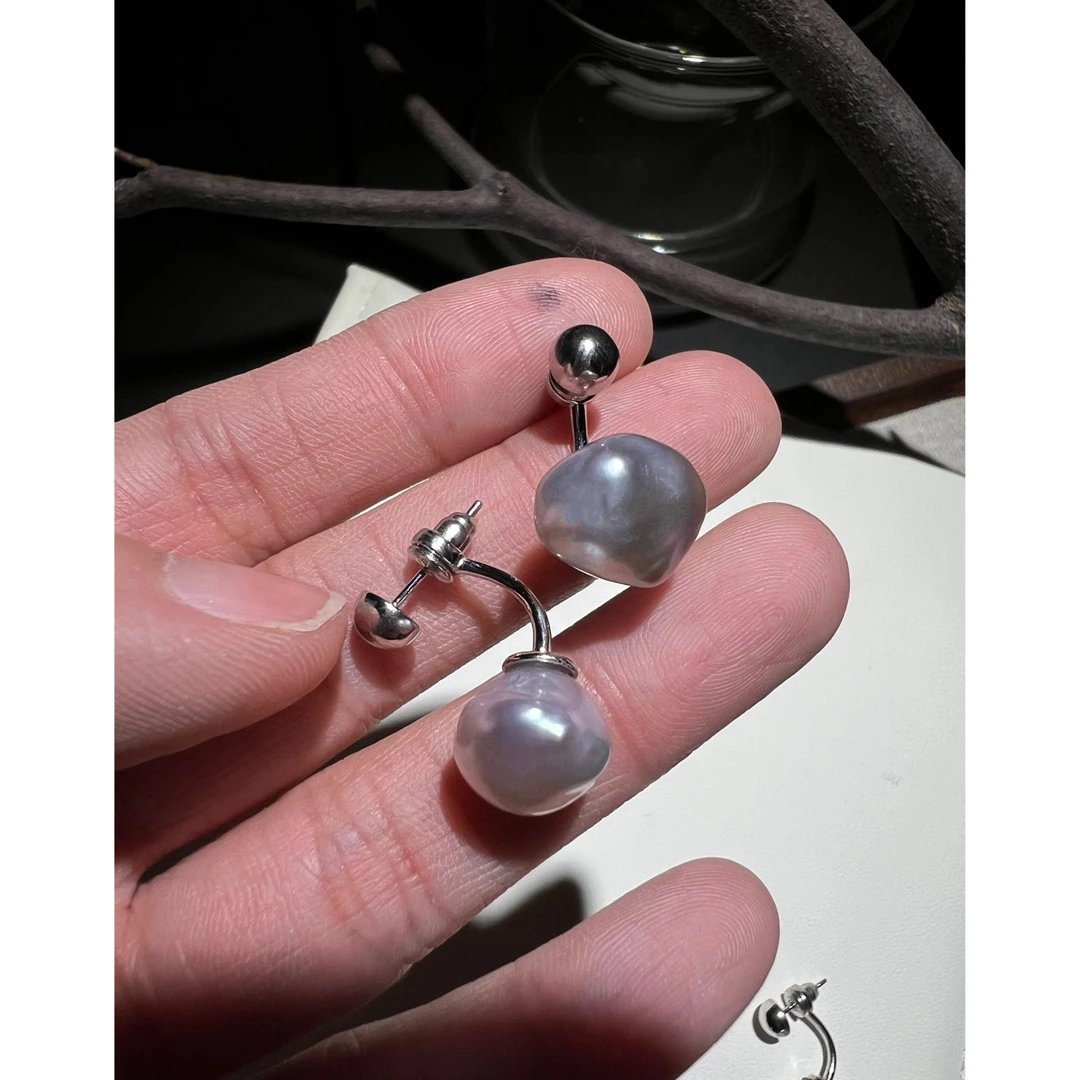 JUNMU天然色银灰蓝淡水keshi珍珠耳钉前后挂式耳坠多样性发货发一