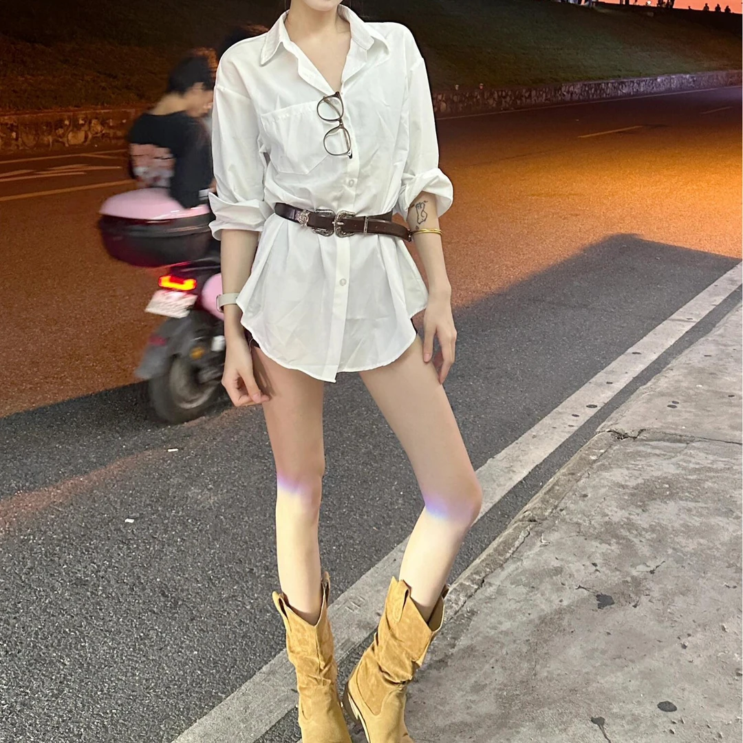 赵露思白色长袖衬衫连衣裙女春秋新款法式气质收腰显瘦短裙子