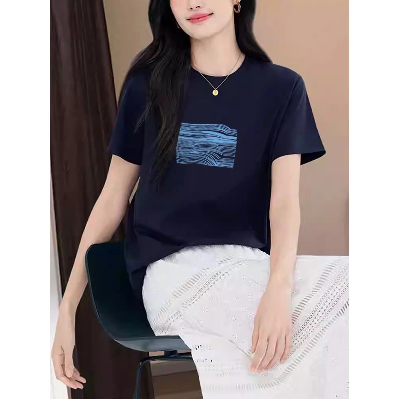 2025新款正肩短袖t恤女装设计感小众时尚百搭洋气藏青色上衣夏季