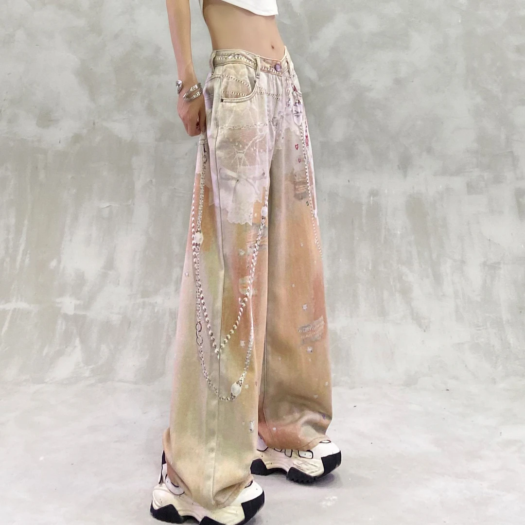 美式复古彩色数码印花水洗牛仔裤男女新款宽松显瘦百搭直筒阔腿裤